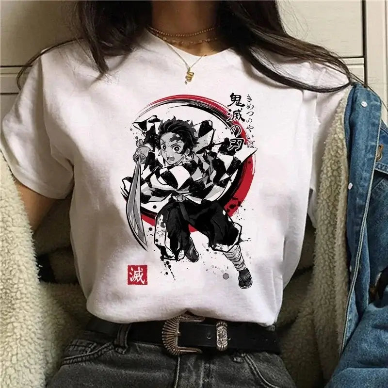 A Demon Slayer T Shirt for Women, a female Kimetsu No Yaiba graphic tee with a Nezuko and Tanjirou Kamado print.