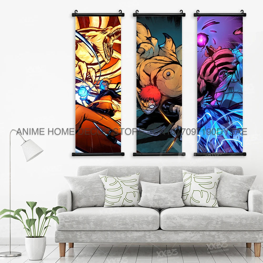 High-definition Naruto Posters hanging scroll featuring Uzumaki Naruto, Uchiha Sasuke, and Madara for anime home wall decoration.