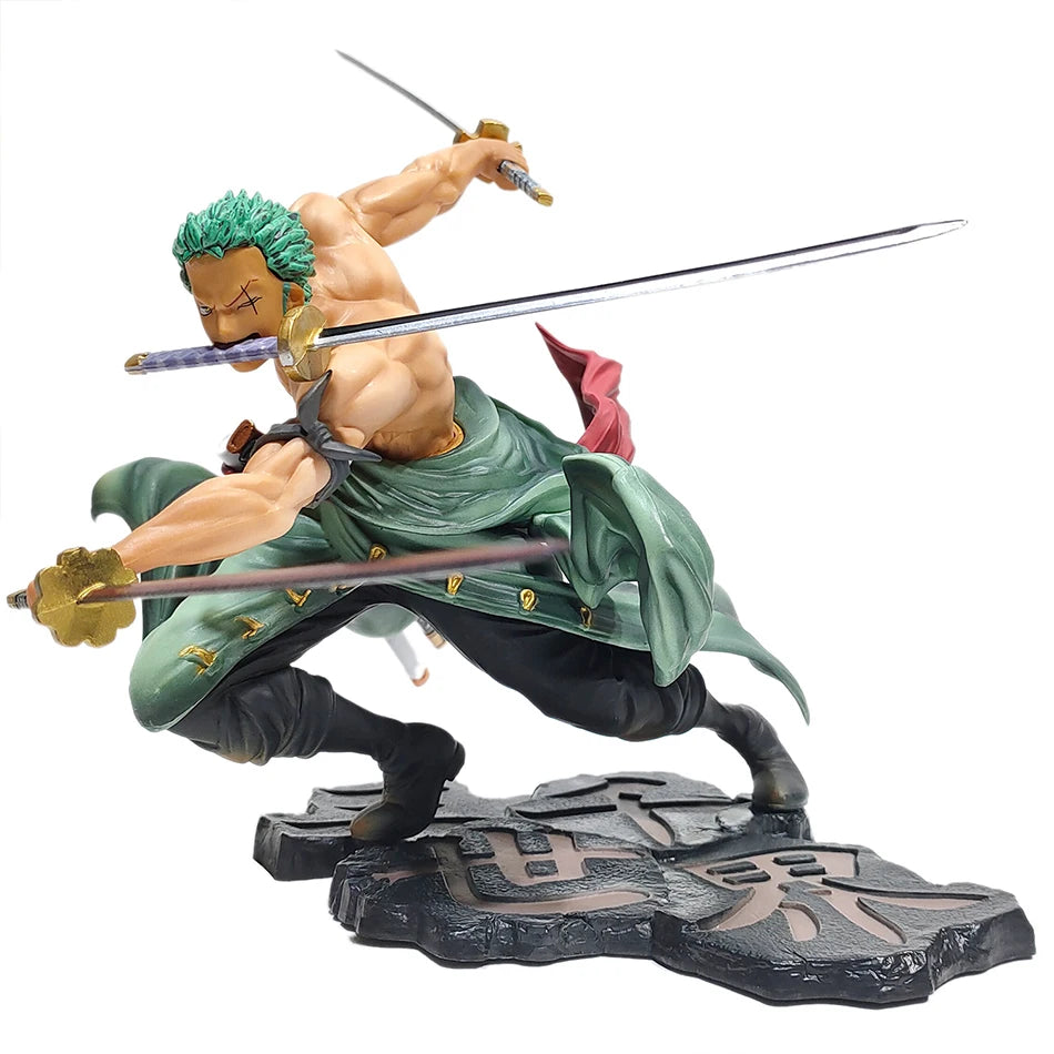 A 10cm One Piece Zoro Figure PVC action model displaying Roronoa Zoro in his Three-Blade Sa-Maximum stance for anime collections.