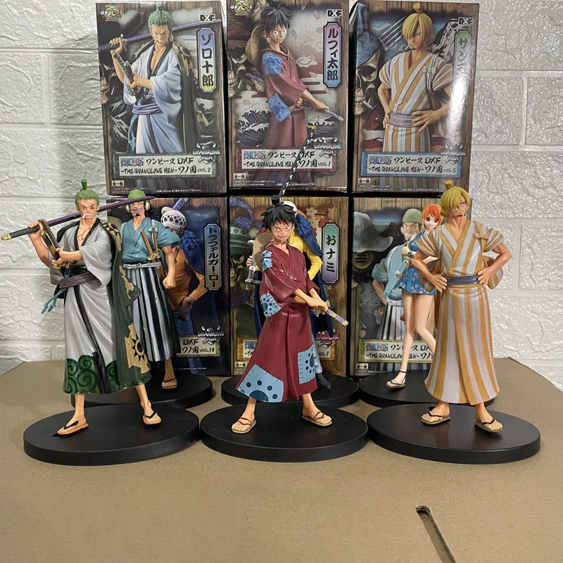 A detailed One Piece 17cm Anime Figure statue featuring Monkey D. Luffy, Roronoa Zoro, and Yamato for collection and desktop display.