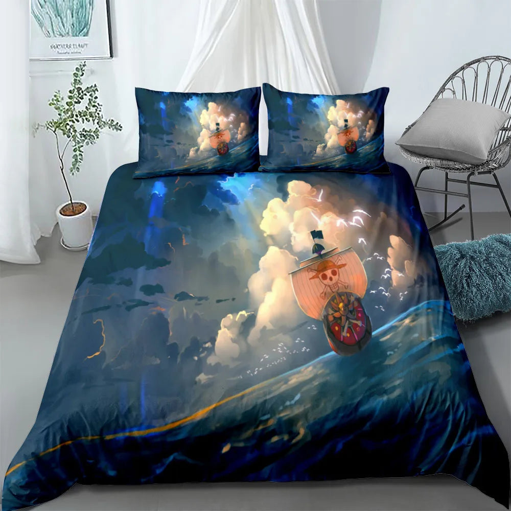 A vibrant One Piece Bedding Set featuring Monkey D. Luffy anime art on a duvet cover and pillowcase, designed for children's bedroom decor.
