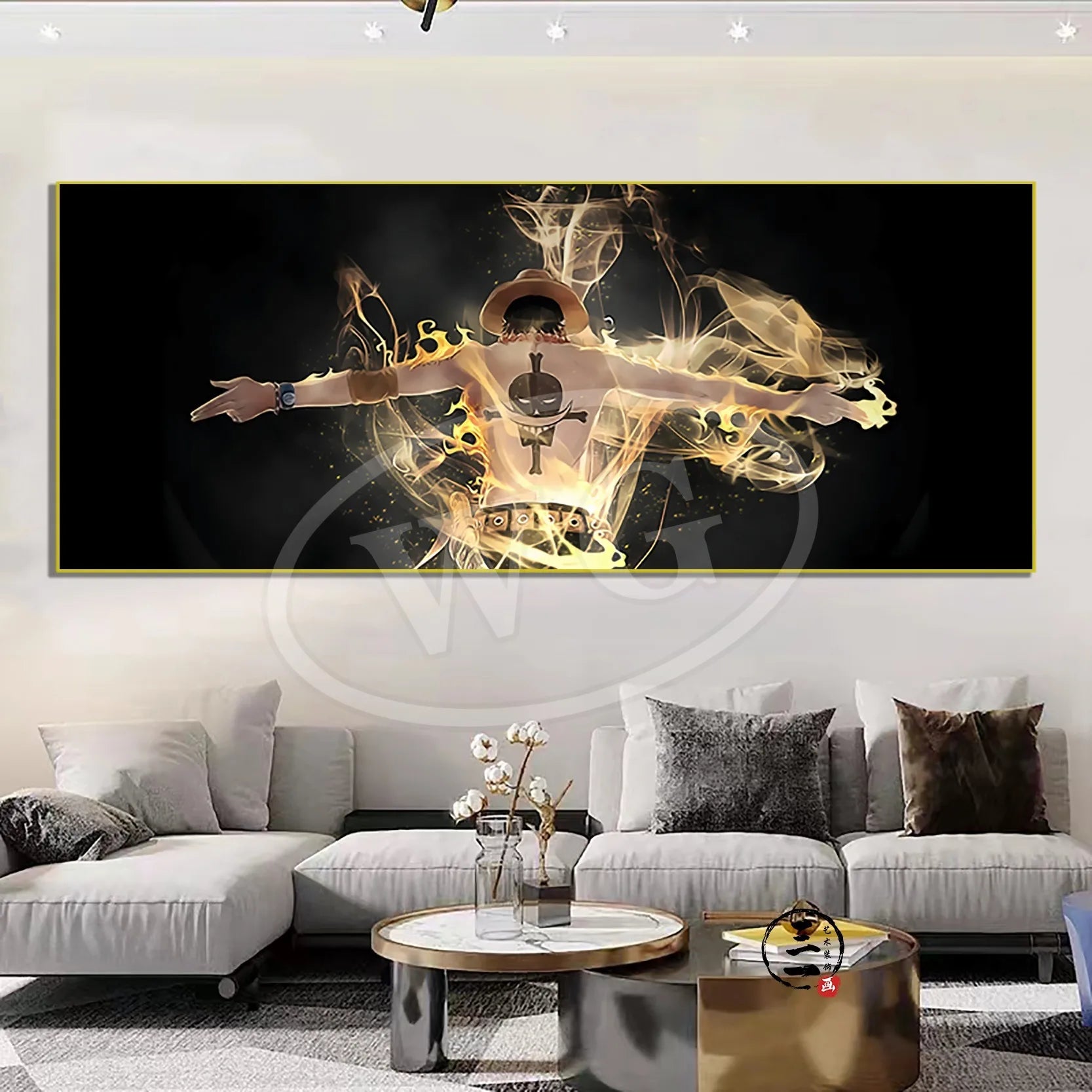 A high-quality One Piece decorative painting featuring Monkey D. Luffy, Roronoa Zoro, and Portgas D. Ace as a sofa background wall hanging.