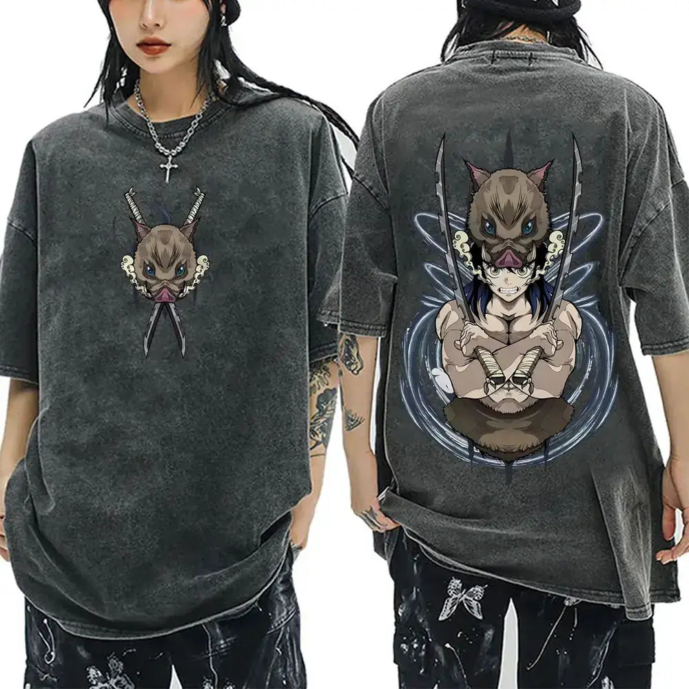 A washed black Demon Slayer Vintage T-Shirt made of 100% cotton, featuring an oversized cartoon anime graphic for men and women.
