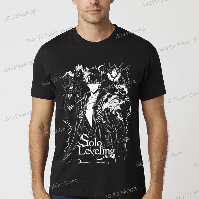 A vintage black Solo Leveling Anime T-Shirt featuring a funny Sung Jinwoo graphic print, available in sizes S to 4XL for men and women.