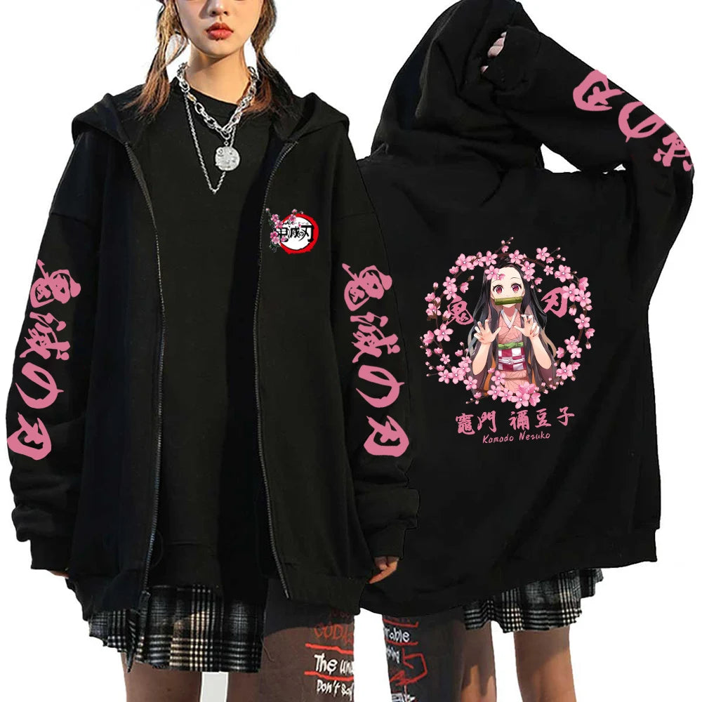 A Y2K style Demon Slayer Zip Up Hoodie featuring a Nezuko Kamado graphic, unisex hip hop streetwear for men and women.