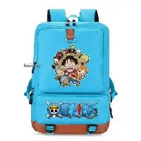 A large, unisex One Piece Luffy Printed Unisex Backpack suitable for school and travel, with compartments for a laptop and iPad.