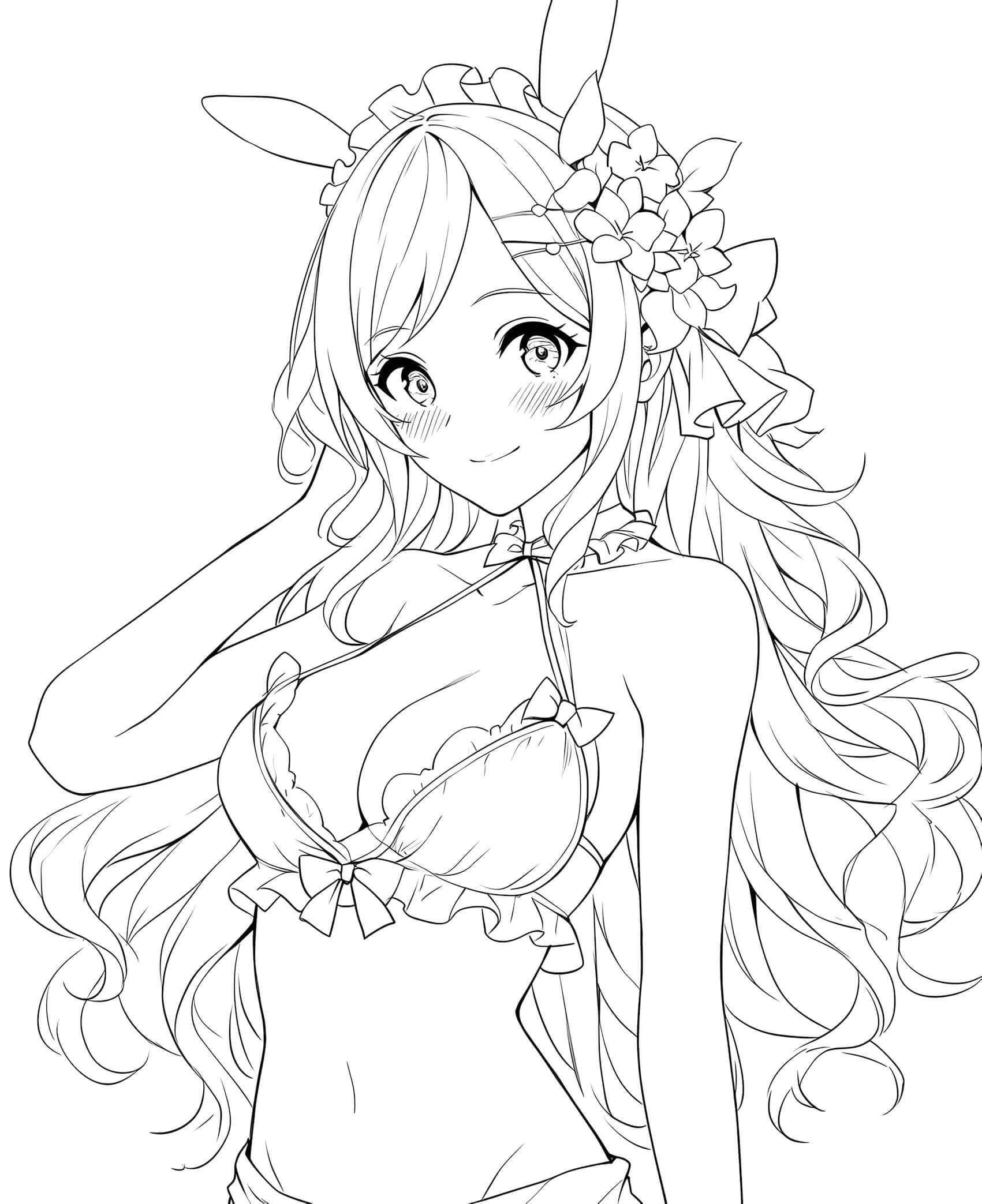 Shy anime bunny girl waifu with long wavy hair, flowers and bow in her hair, bunny ears, wearing a frilly bikini with bows, posing with one hand behind her head, blushing – coloring page digital download.