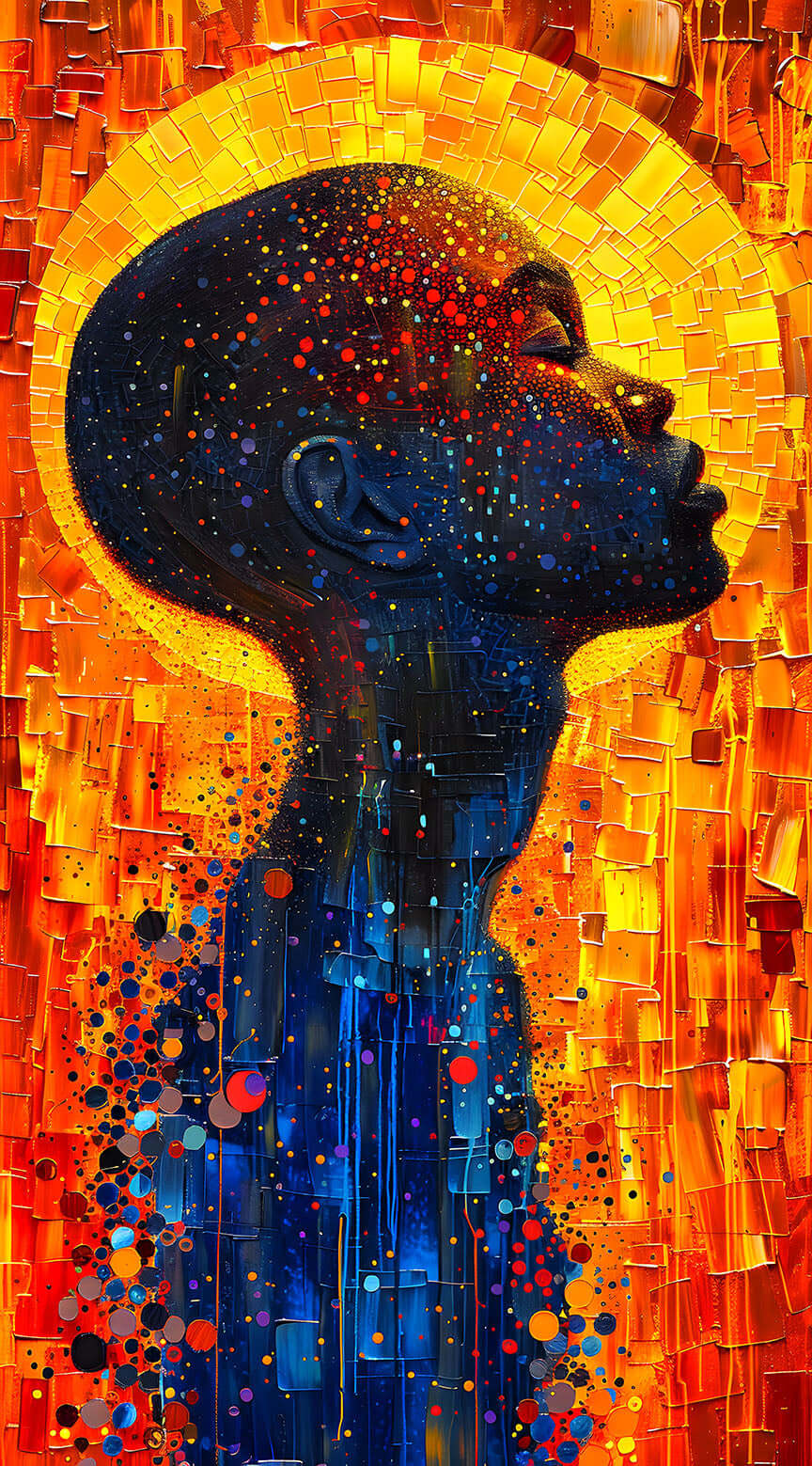 Spiritual Black Art of a figure with a cosmic texture against a golden mosaic sun, for instant download.