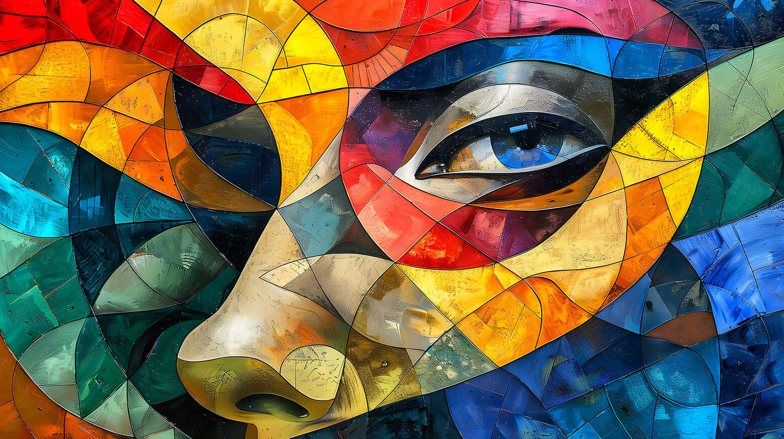 Stained Glass Art Portrait of a colorful abstract face with a piercing blue eye in a modern cubist style, for instant download.
