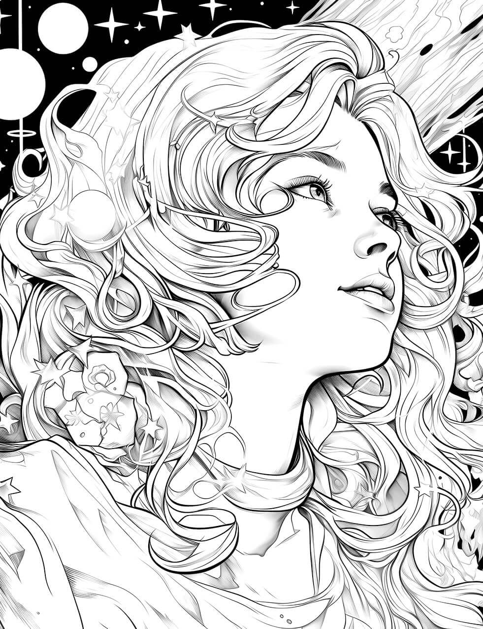 The Stardust Dreamer Coloring Page, a detailed black-and-white illustration of a beautiful woman with flowing, curly hair adorned with stars, gazing up at a cosmic sky with planets and starlight.