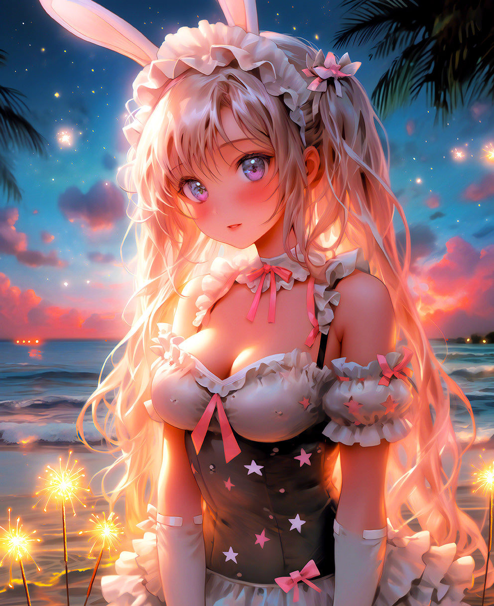 Starfall Dreams: Anime Beach Bunny Spark Digital Art - Infinite Visibility