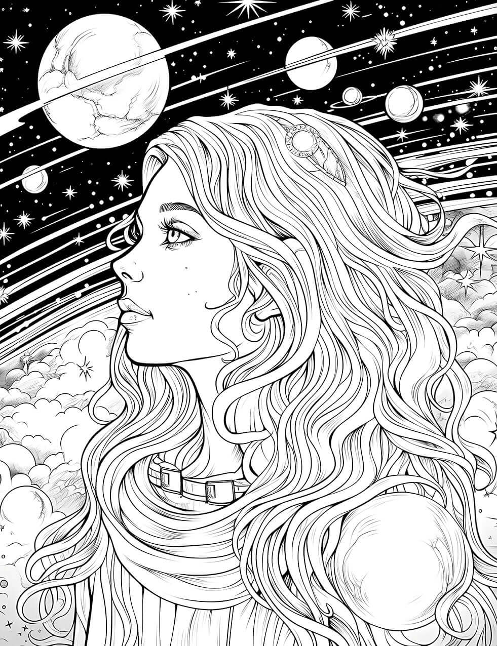 The Stargazer Queen Coloring Page, a detailed black-and-white illustration of a beautiful queen in profile with long, wavy hair, looking peacefully at a sky filled with planets and stars.