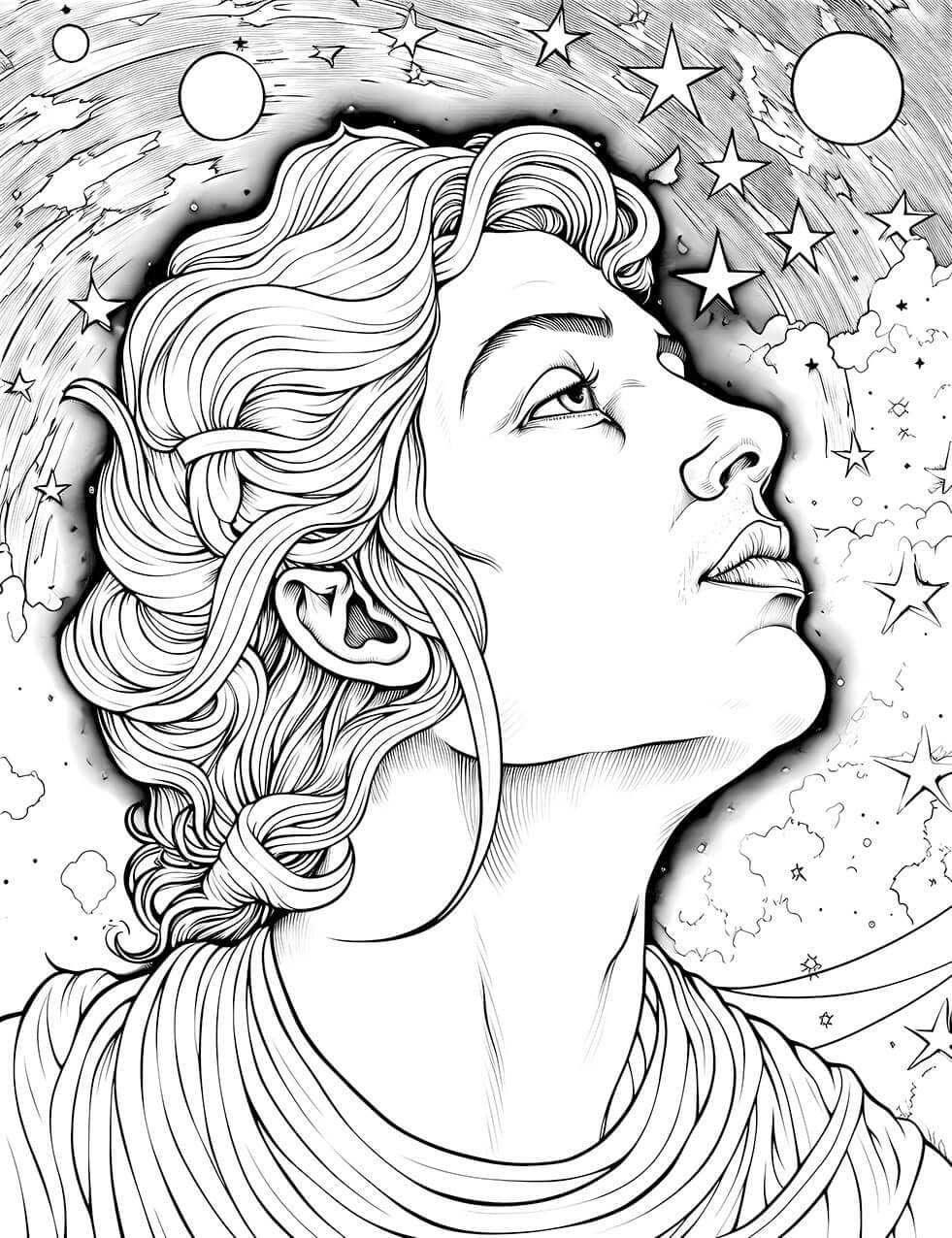 The Stargazer's Ascent Coloring Page, a powerful black-and-white illustration of a celestial figure with wavy hair looking up in wonder at a sky full of stars, planets, and swirling clouds.