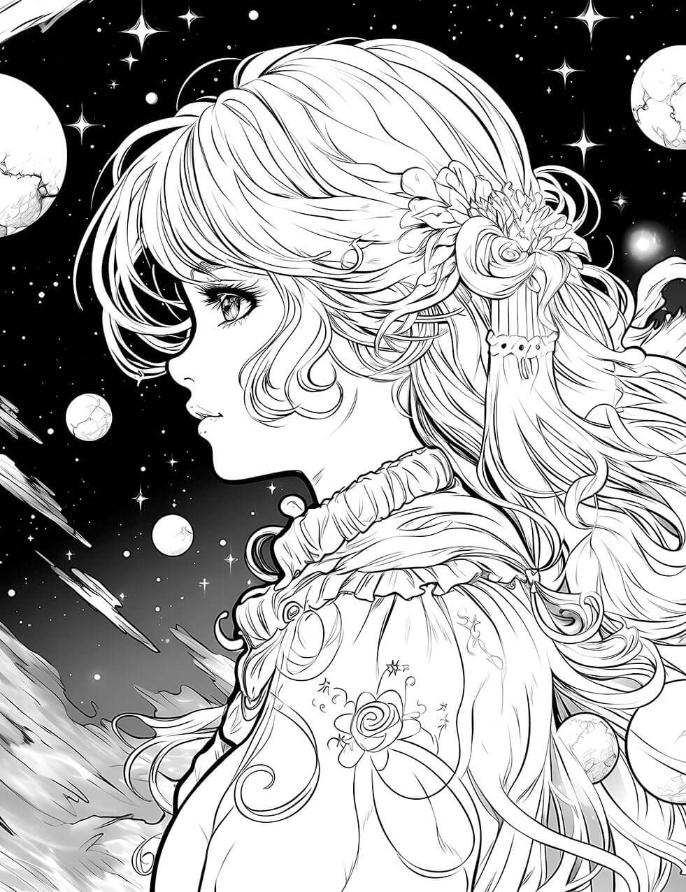 The Starlight Dreamer Coloring Page, a detailed black-and-white anime-style illustration of a girl in profile with long hair, looking out at a beautiful cosmic scene with planets, meteors, and stars.