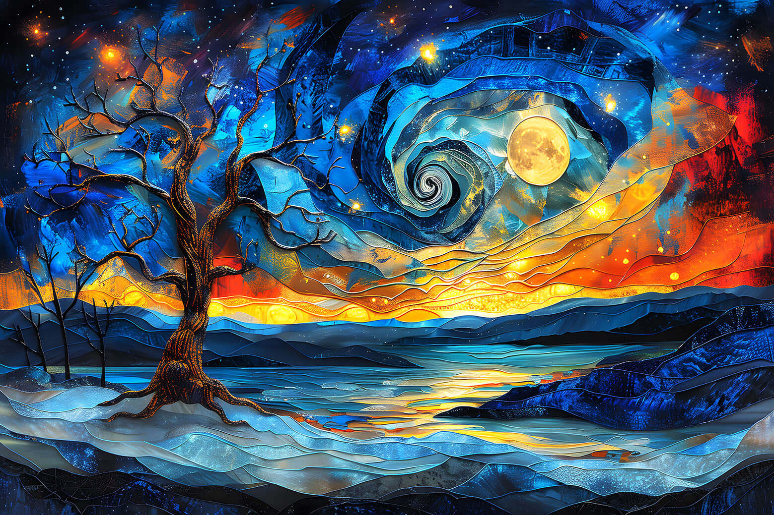A vibrant Starry Night Landscape in a mosaic, Van Gogh style, featuring a lone tree, a swirling cosmos, and a bright full moon over the water.