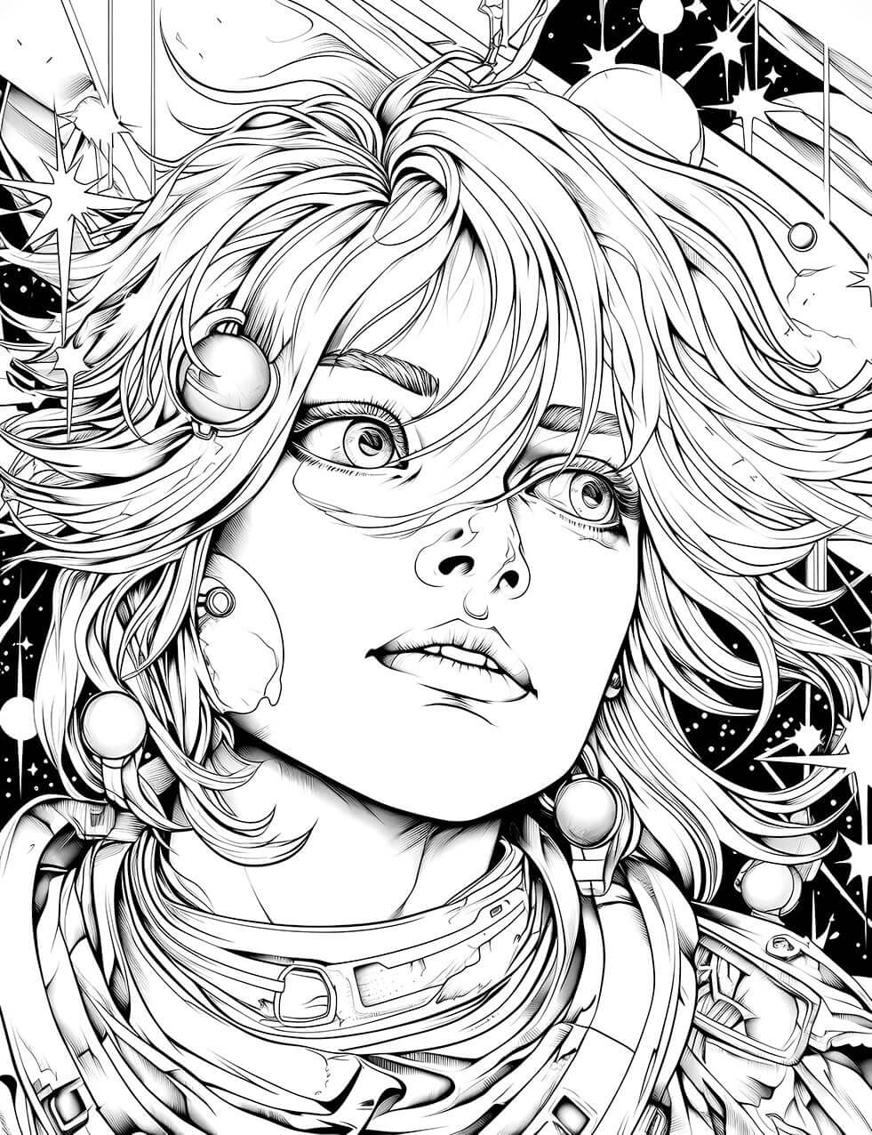 The Starstruck Wanderer Coloring Page, a detailed black-and-white anime illustration of a young hero's face with wide eyes and messy hair, looking up in awe at a star-filled cosmos.