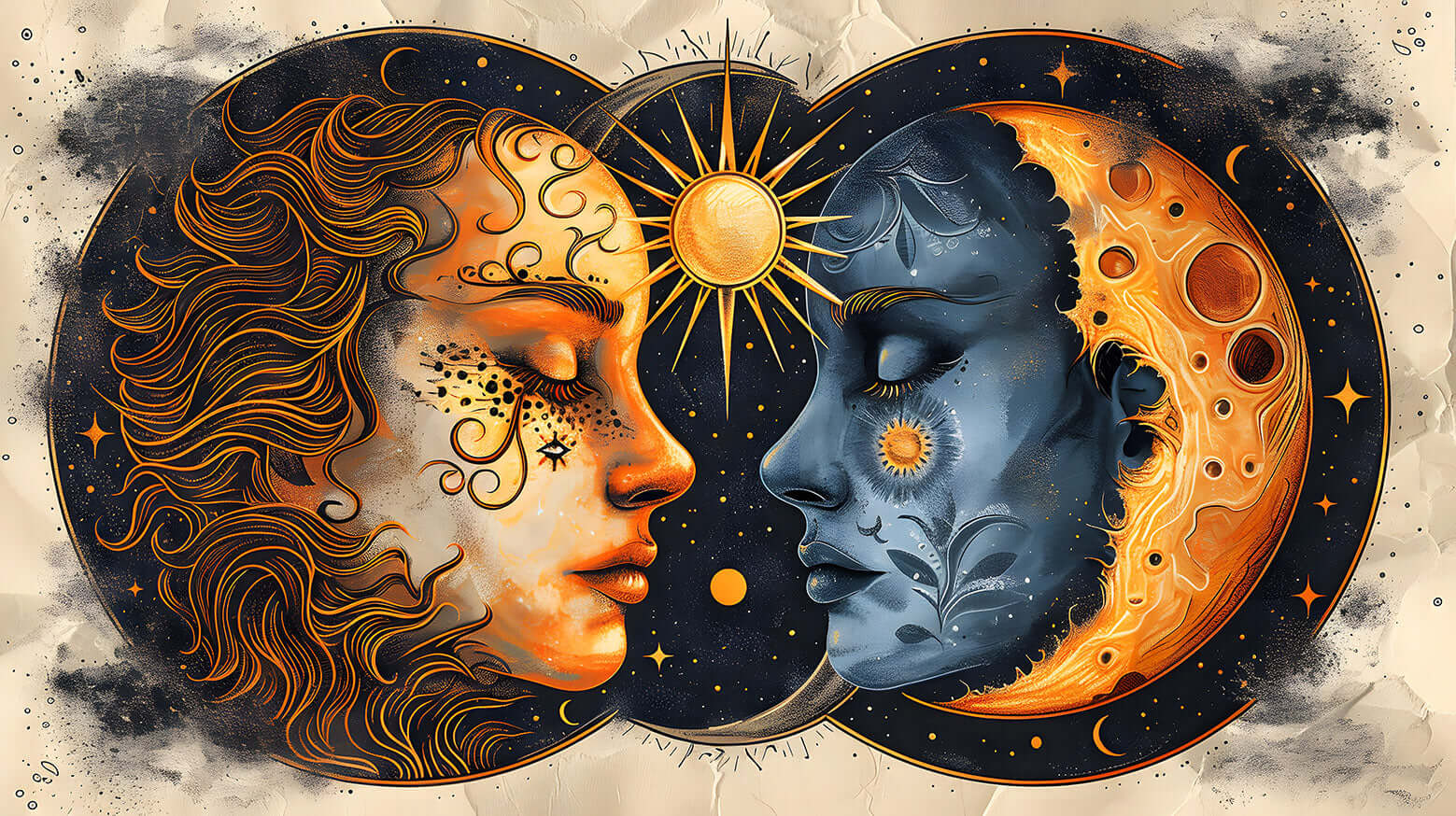 Sun and Moon Art depicting the duality of two faces, one representing the sun and one the moon, in a vintage illustration style.