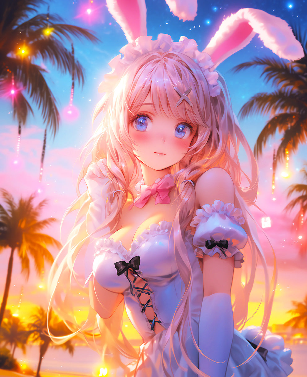 Sunset Serenity: Anime Beach Bunny Digital Art Download - Infinite Visibility