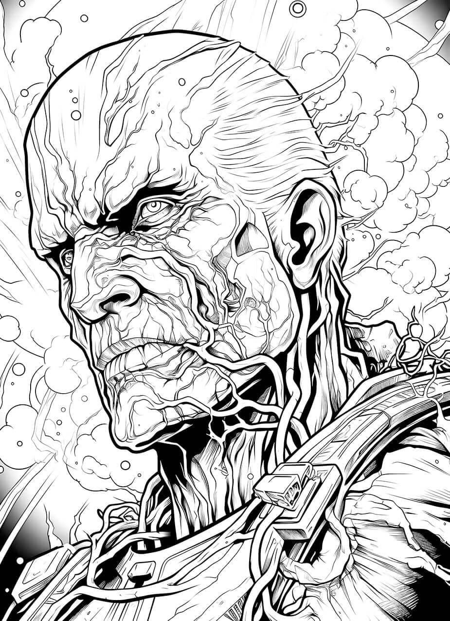 A detailed, comic-book style horror coloring page of a powerful superhero villain with intense eyes and a muscular body covered in a network of pulsating veins.