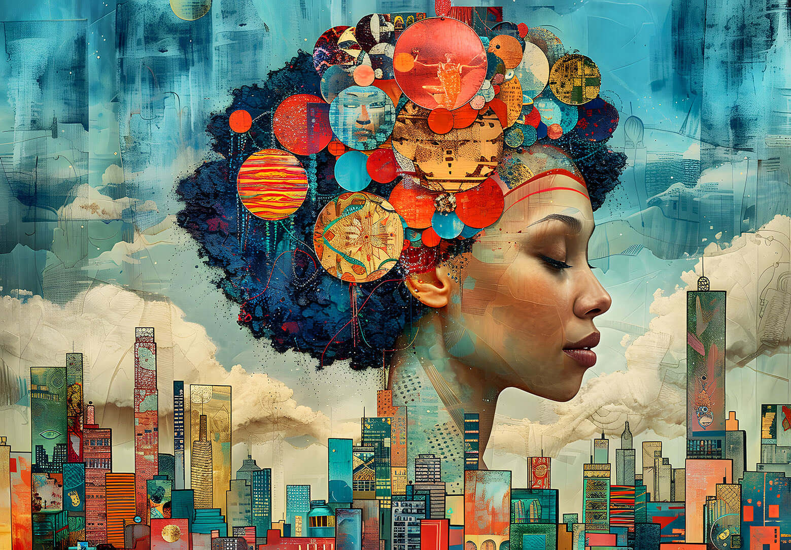 Surreal Black Art of a woman in profile whose cosmic afro of thoughts and planets floats above a colorful, abstract cityscape.