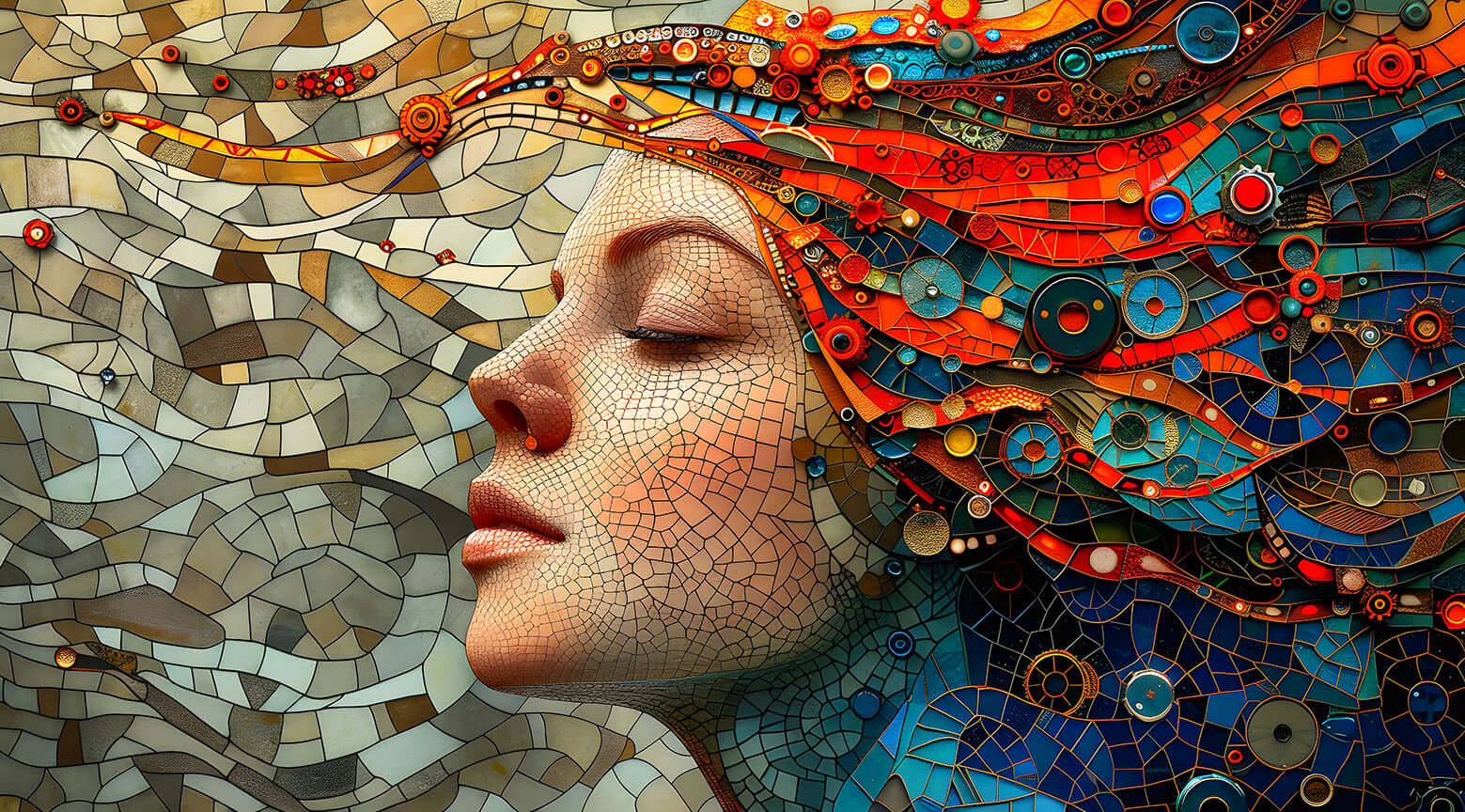 A Surreal Mosaic Portrait of a woman with intricate, mechanical Art Nouveau style hair made of gears and colorful gems.