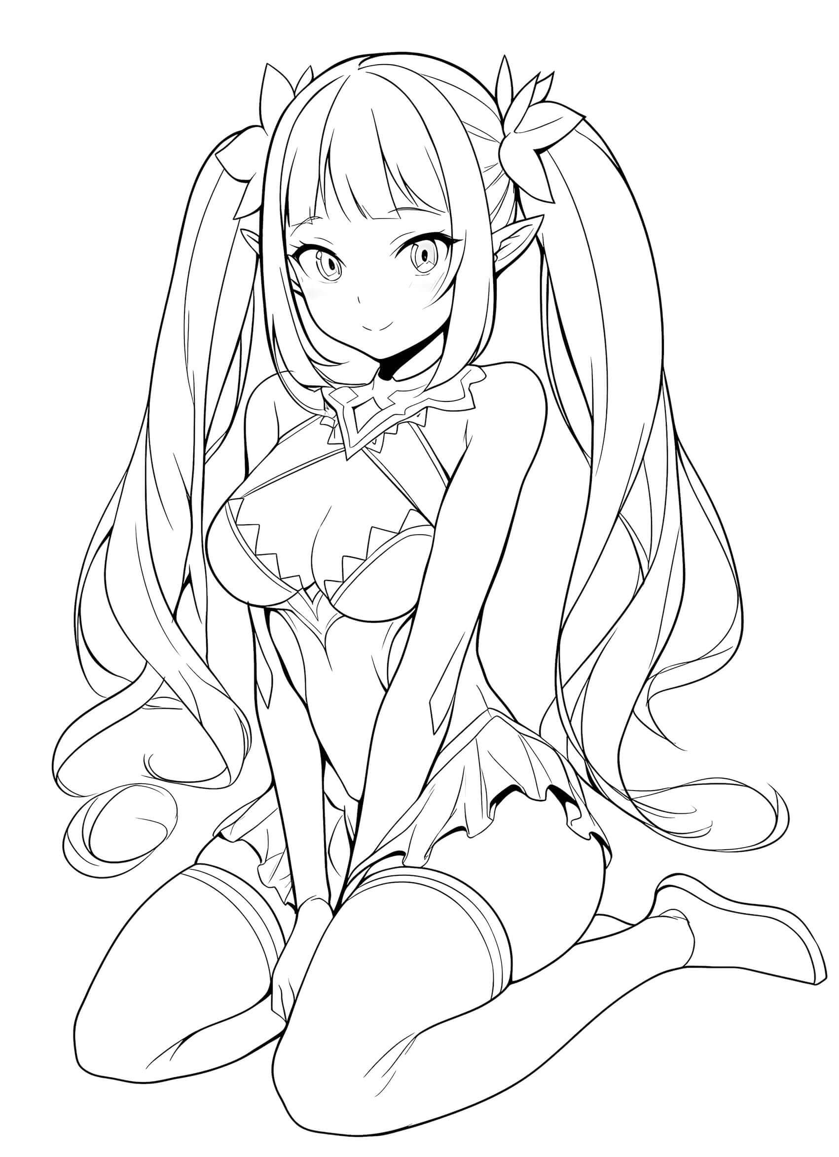 Sweet anime elf waifu girl with long pigtails and leaf accessories, kneeling in a cute fantasy bikini-style outfit with thigh-high stockings – coloring page digital download.