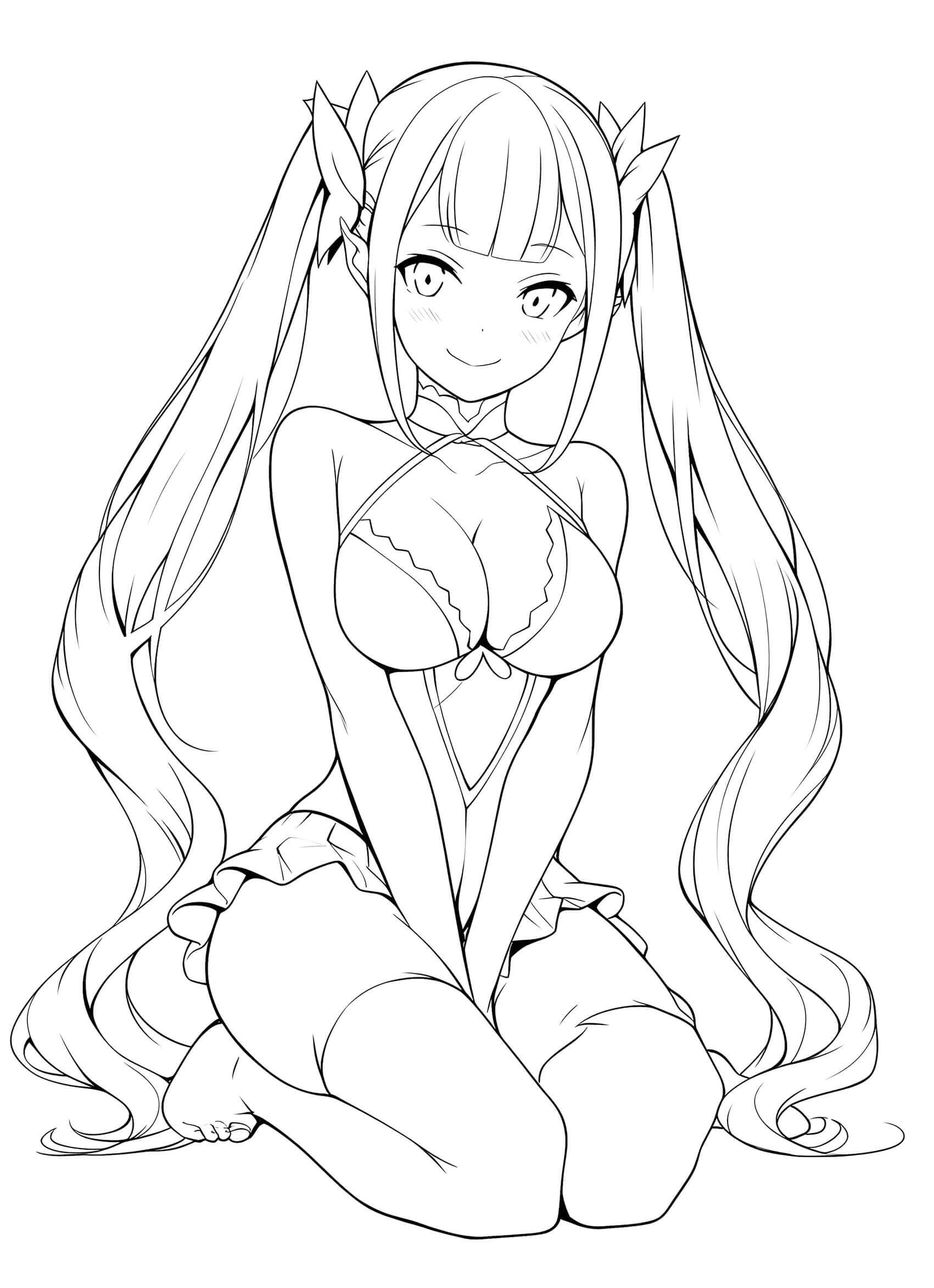 Sweet and alluring anime elf waifu girl with long pigtails and leaf accessories, kneeling in detailed fantasy lingerie with thigh-high stockings and a gentle smile – coloring page digital download.