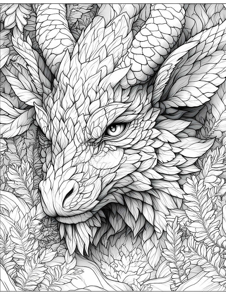 Highly detailed line art coloring page of a Sylvan dell Dragon, a powerful fantasy beast with intricate leaf-like scales/feathers, textured horns, and a fierce eye, emerging from dense forest foliage, for advanced adult coloring.