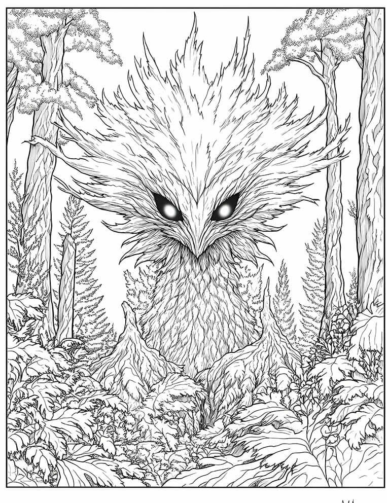Intricate line art coloring page of a fantastical bird-like forest spirit (Umbral Owl spirit) with glowing eyes and spiky feathers, emerging from a detailed woodland setting with ferns and trees, for adult fantasy coloring.
