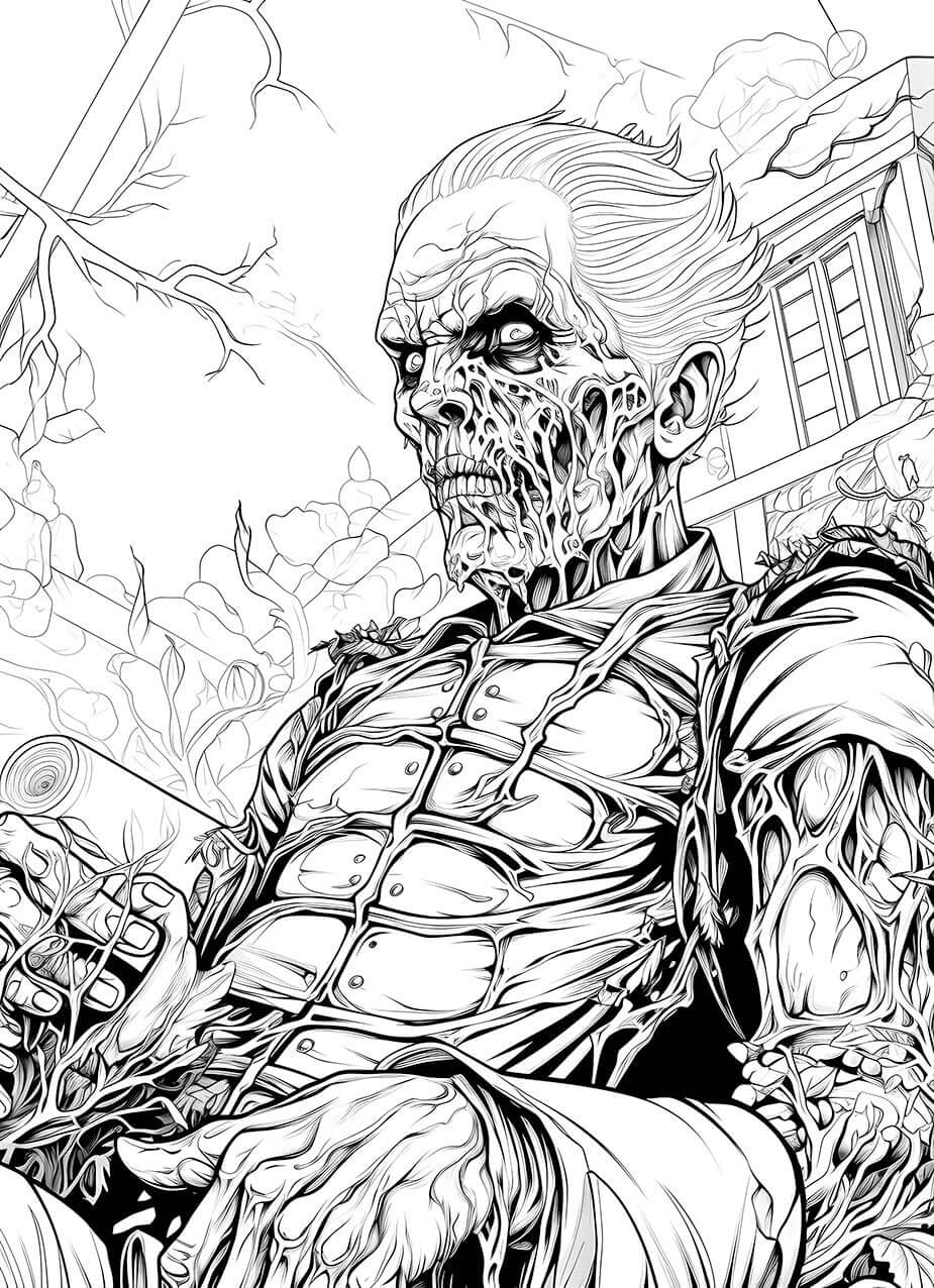 A detailed horror coloring page of a powerful, intelligent undead king with a decaying face, sitting on a throne in an overgrown, ruined garden while reading a scroll.