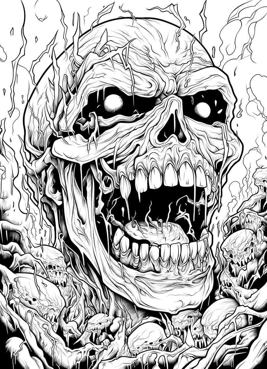 A detailed, chaotic horror coloring page of a massive, screaming undead lich skull, rising from a writhing horde of smaller, grotesque monster skulls and twisted organic matter.