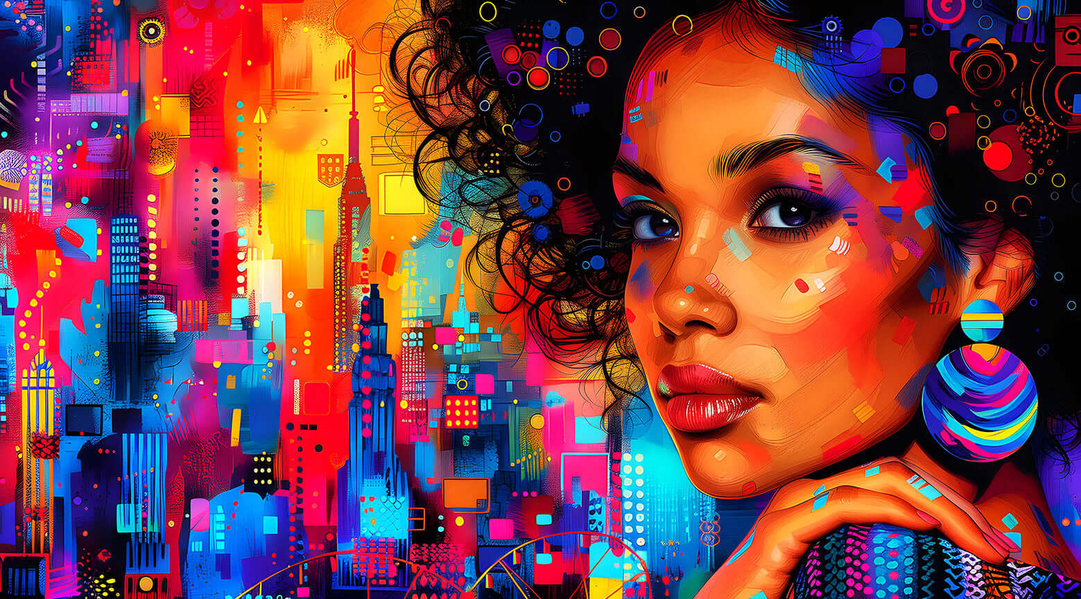 Urban Pop Art of a beautiful Black woman with colorful face paint against a vibrant abstract cityscape, for instant download.