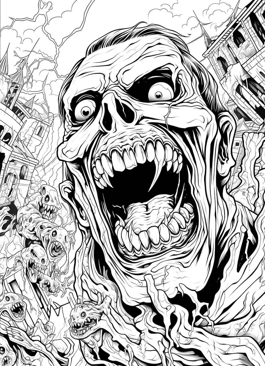 A detailed horror coloring page of a giant, screaming vampire with sharp fangs, leading a horde of ghouls as they destroy a crumbling gothic city under a stormy sky.
