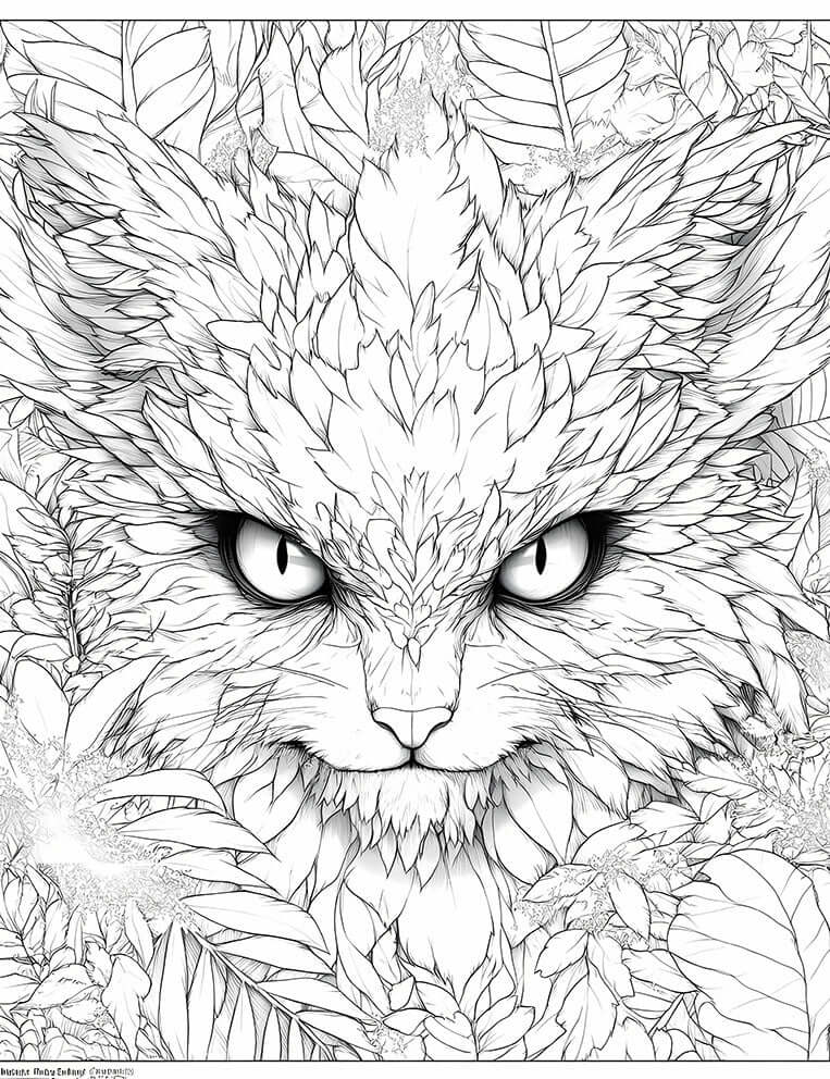 Highly detailed line art coloring page of a Veridian Lynx Spirit, a fierce fantasy cat-like creature with intricate leaf-like or feather-like fur, intense glowing eyes, surrounded by dense botanical foliage, for advanced adult coloring.