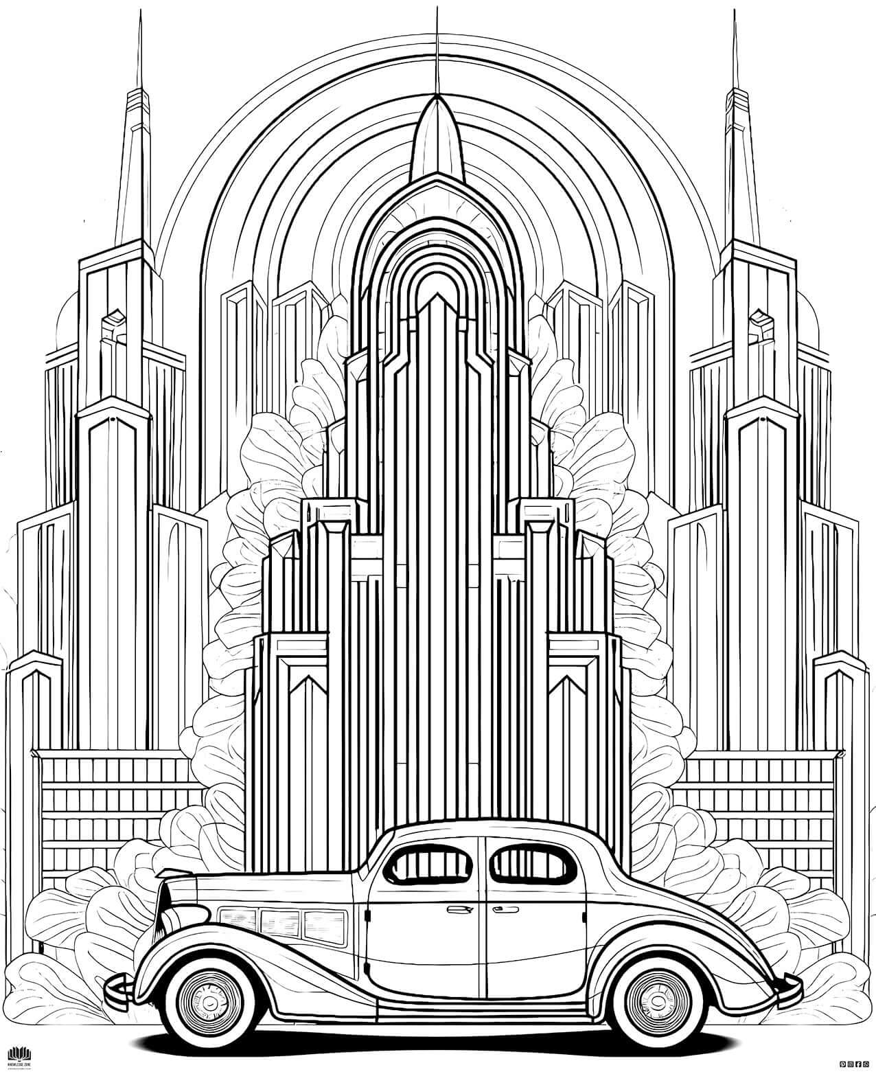 Vintage Car Coloring Page: City Scene from the 1920s