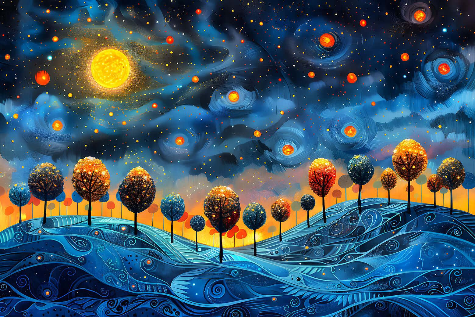 Whimsical Wall Art of a magical starry night landscape with a large sun and sparkling, colorful trees on rolling blue hills.
