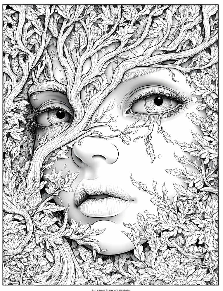 Intricate line art coloring page of a dryad or nature spirit, featuring a woman's face seamlessly integrated with tree branches and leaves, with leaves resembling tears, for adult coloring and fantasy art.