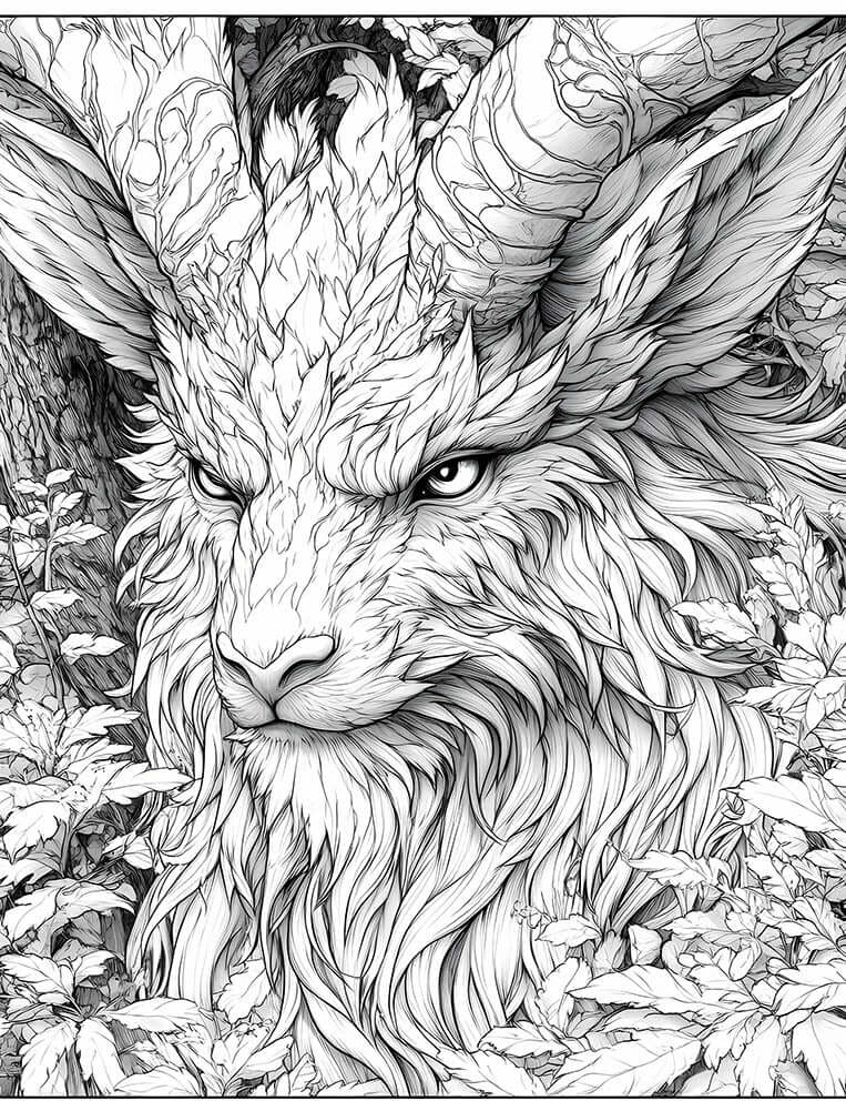 Majestic fantasy beast coloring page, featuring a horned forest king (stag or goat-like) with a leaf-patterned mane, intense eyes, and detailed textured horns, set in a woodland background, for advanced adult coloring.