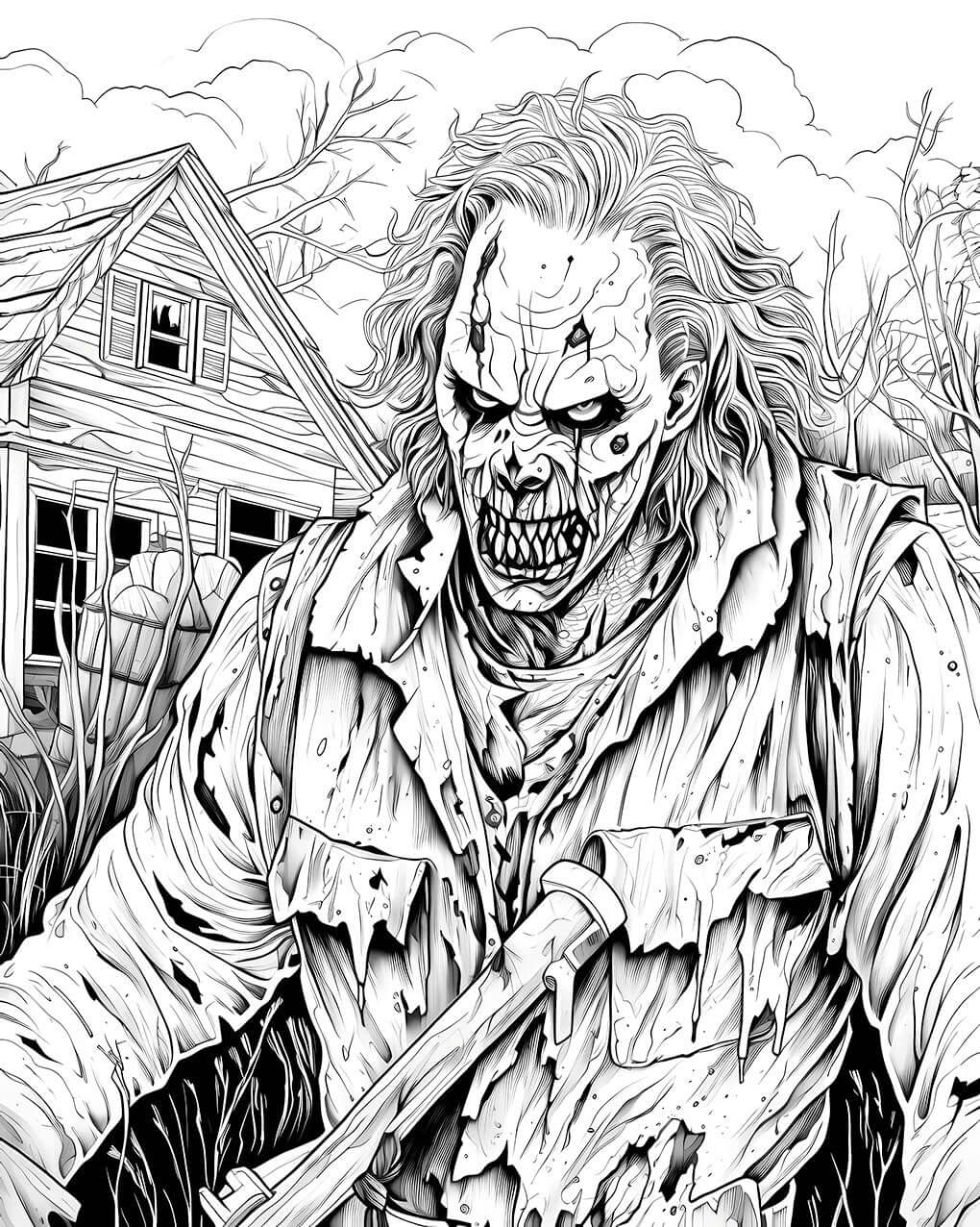 A highly detailed, scary zombie with glowing red eyes and tattered clothes, standing in front of a creepy, abandoned house, presented as a downloadable horror coloring page.