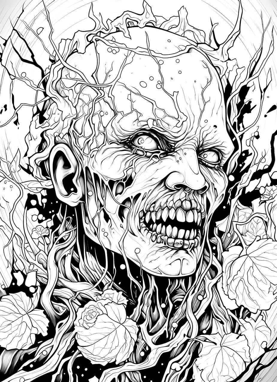 A detailed horror coloring page of an enraged zombie's face, with veiny skin and sharp teeth, being overgrown by a dark, beautiful garden of thorny vines and roses.