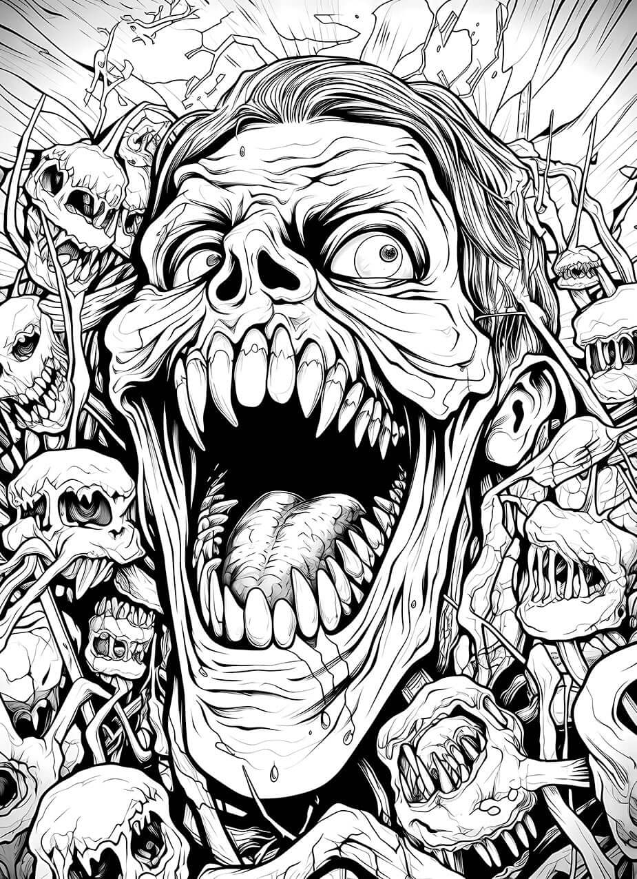 A highly detailed and chaotic horror coloring page of a screaming zombie with sharp fangs, bursting out from a massive, frantic pile of distorted skulls and bones.